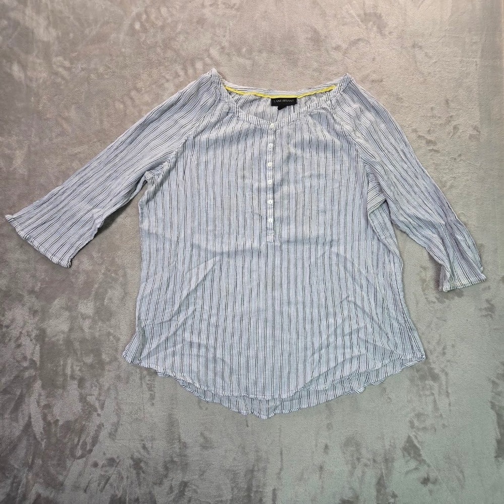 Lane Bryant Striped Henley Blouse 3/4 Sleeve Blue White Button Front Top